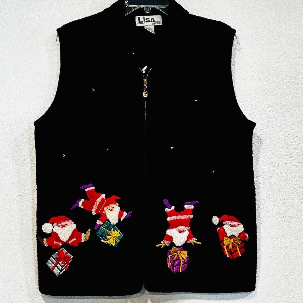 Lisa International Wool Christmas Vest Black Zip Up Bells Santa Presents Size 1X